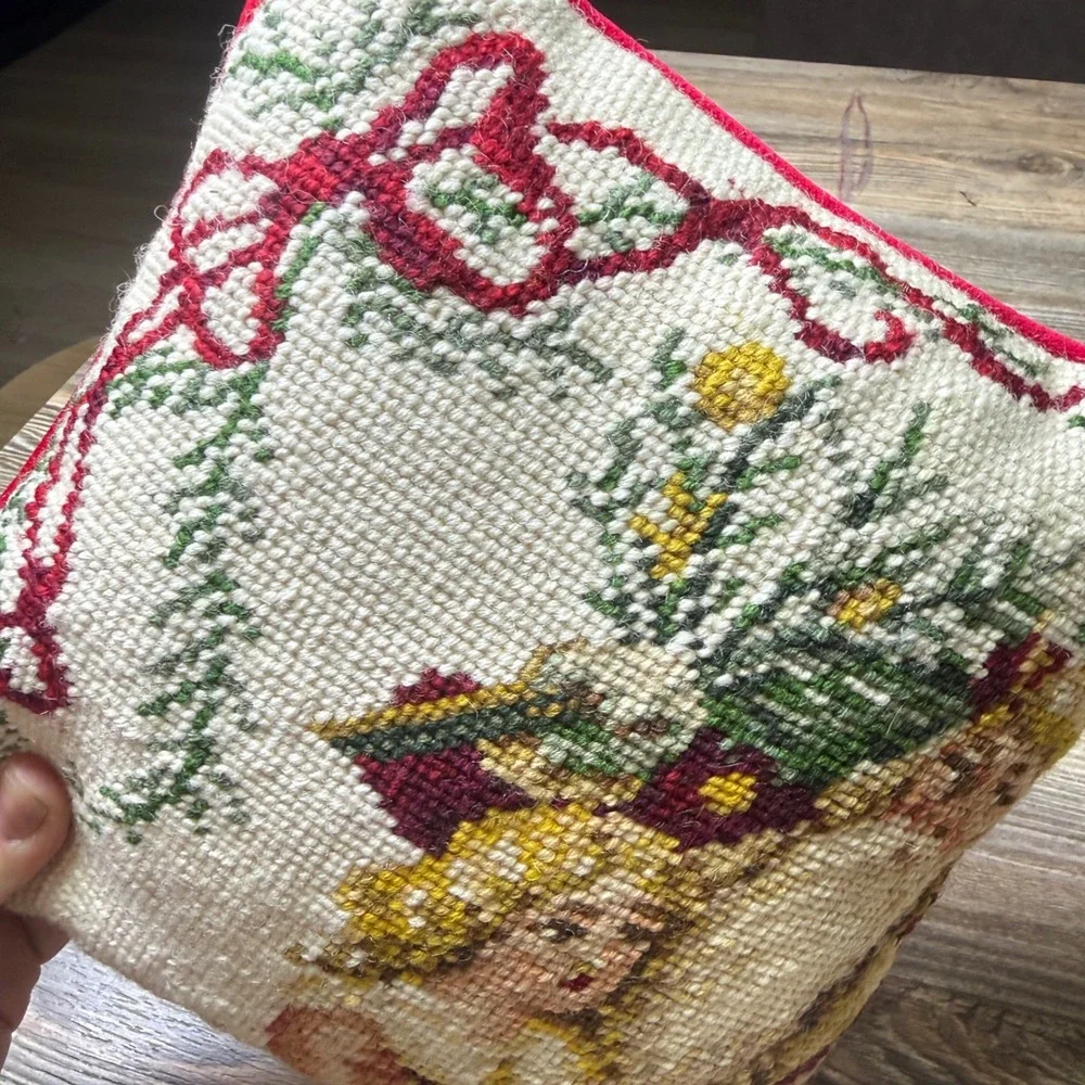 Vintage Needlepoint Christmas Pillow Santa and Girl Red Velvet Back 9x9.5